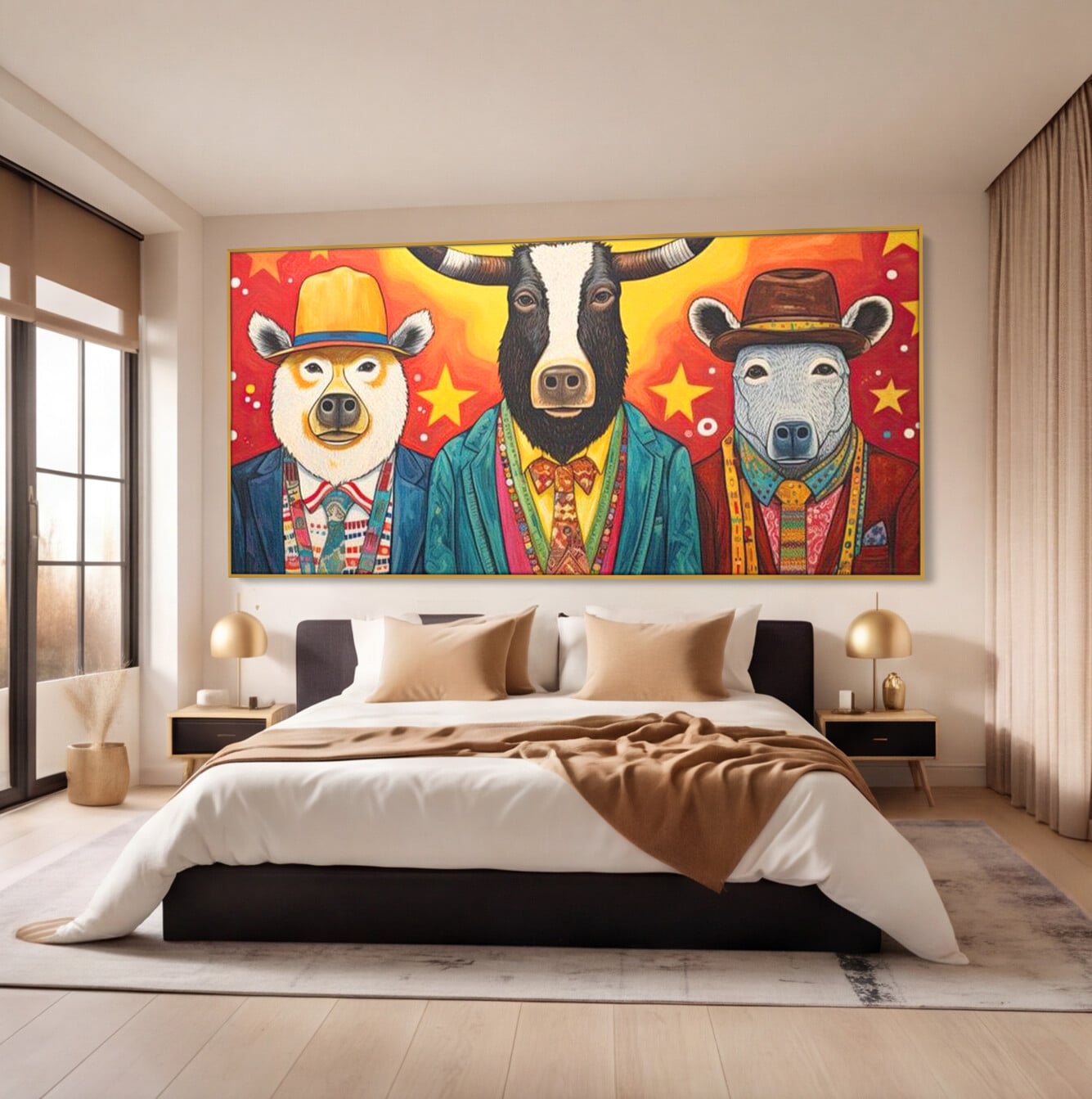 Tablou canvas cu tablou canvas cu trei animale antropomorfe stilizate, in rama de aluminiu auriu, pe perete intr-un dormitor